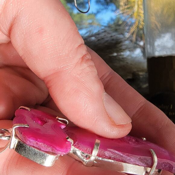 Pink Agate Geode Pendant Sterling Silver, Handmade Boho Crystal Necklace - Picture 9 of 10